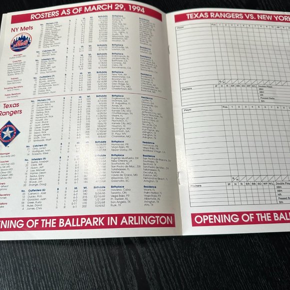 1st Game Program April 1, 1994 The Ballpark In Arlington - TX Rangers vs NY Mets - Picture 3 of 4